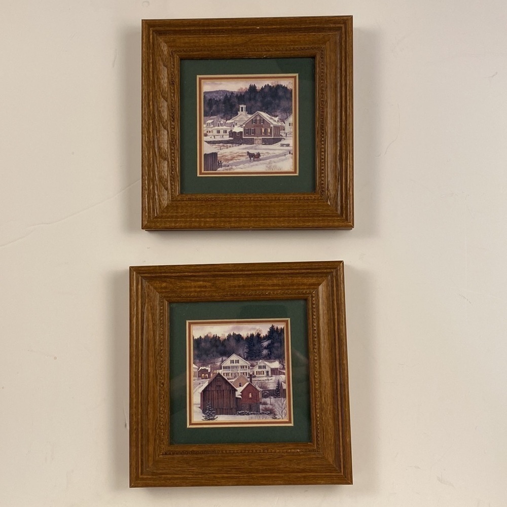 Art work set of 2 country village winter scenes small 6” x6” frames
